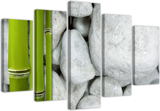 Trend24 - Canvas Schilderij - Zen-Compositie Met Stenen En Bamboe - Vijfluik - Oosters - 150x100x2 cm - Grijs