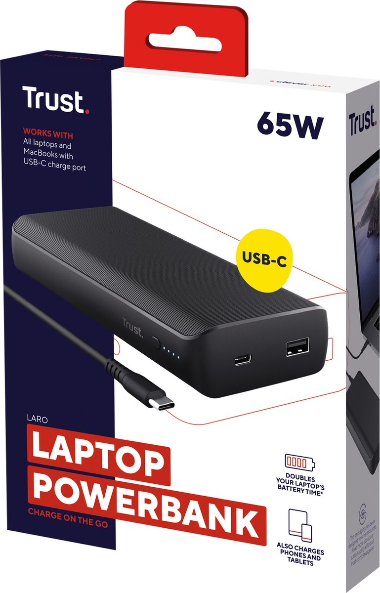Trust Laro - Laptop Powerbank - Voor MacBook - 65W - USB-C - Zwart | bol