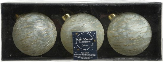 3x morceaux de boules de Noël en verre de luxe en laiton blanc avec de l'or 8 cm - Décorations de Décorations de Noël pour arbres de Noël