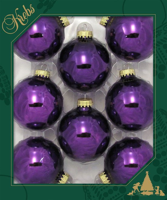 9 boules de Noël en verre violet roi brillant à motif en relief dans un emballage cadeau.