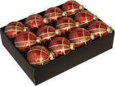 12x Luxe glazen gedecoreerde ruitjes kerstballen rood 7,5 cm - Luxe glazen kerstballen - kerstversiering