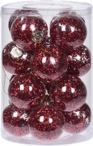 Kerstballen - 16x st - transparant met rood glitter - 8 cm - kunststof - kerstversiering