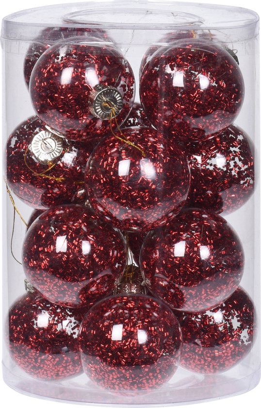 16x Boules de Noël en plastique transparent avec décoration rouge 8 cm - Décoration Décorations pour sapins de Noël