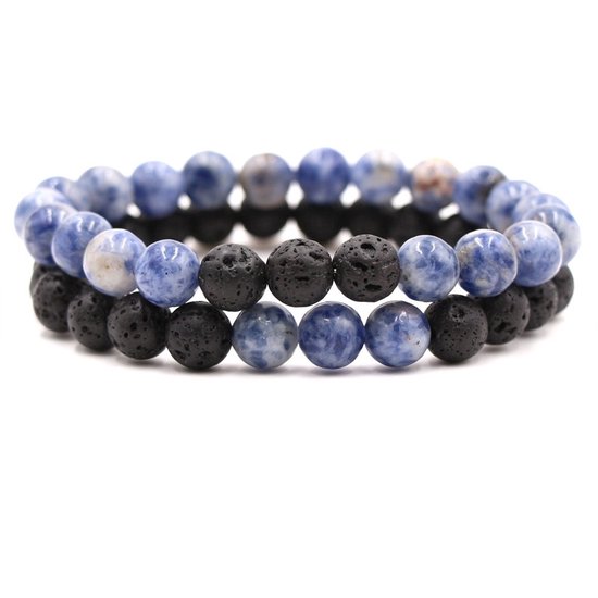 Foto: Bixorp gems dubbele natuursteen armband voor man vrouw blauw zwart contrast edelsteen armband cadeau lavasteen 22cm