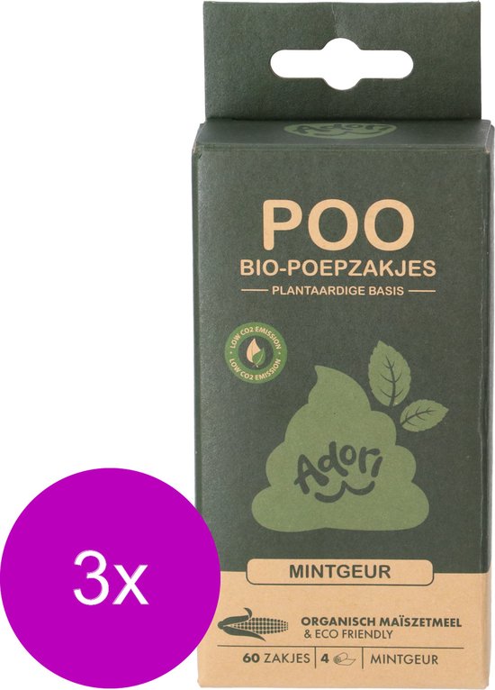 Adori Poo Bio-Poepzakjes - Hondenpoepzakjes - 3 x 22x32 cm 60 stuks Mintgeur