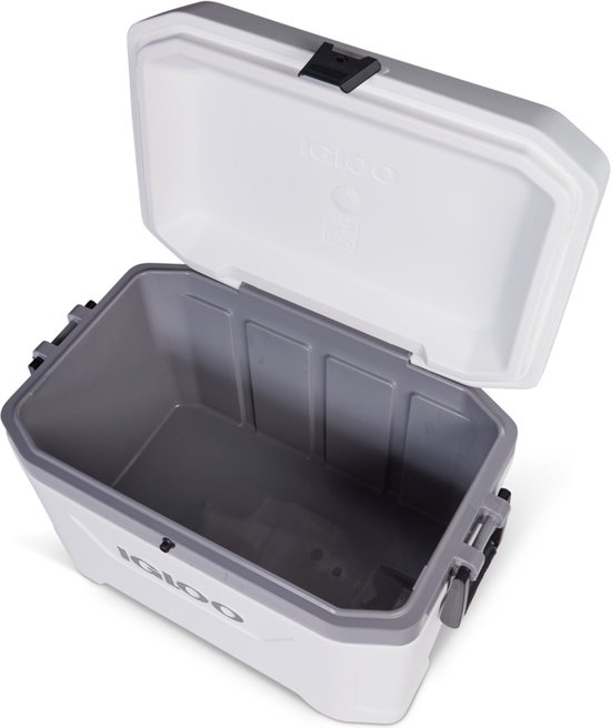 Witte Igloo koelbox met grijze binnenkant, open deksel en zwarte handgrepen.