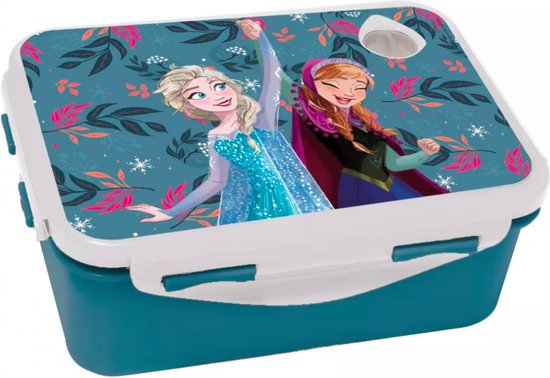 Boîte à pain bleue avec Elsa et Anna de Frozen, ornée d'un motif de feuilles bleu et rose.