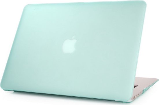 Lichtgroene, matte MacBook Pro 16-inch hoes, met een mat Apple logo, van de zijkant.