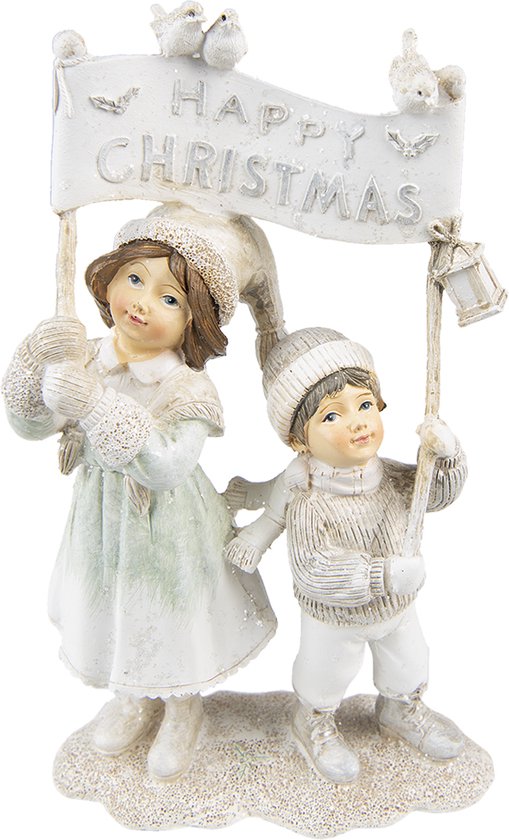 Clayre & Eef Beeld Kinderen 23 cm Beige Polyresin Happy Christmas Kerstdecoratie