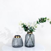 KaiaHome - Set van 2 Glazen Vazen met Grijze Bladpatroon & Gouden Details - Modern & Elegant - Bloemenvaas voor Droogbloemen - Decoratie