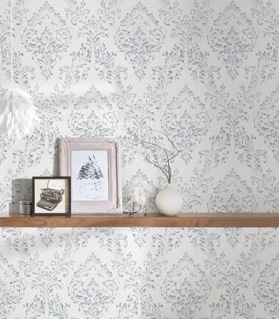 Papier peint baroque Profhome 306591-GU papier peint textile structuré dans le style baroque blanc argenté brillant 5,33 m2