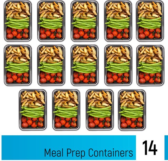 Tien meal prep bakjes gevuld met aardappelen, tomaten en sperziebonen