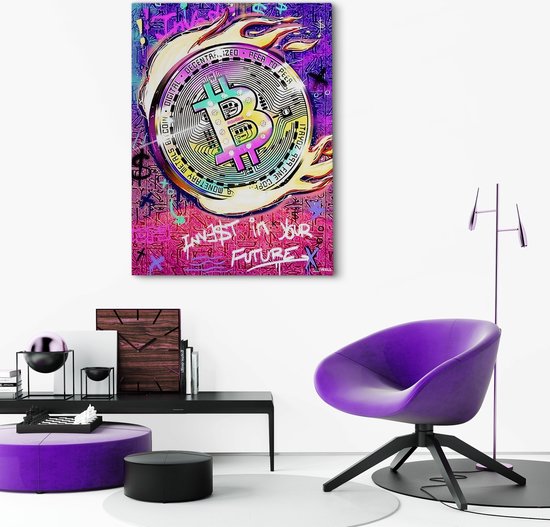 Luxe Canvas Schilderij Bitcoin | 100x150 | Woonkamer | Slaapkamer | Kantoor | Muziek | Design | Art | Modern | ** 2CM DIK! **