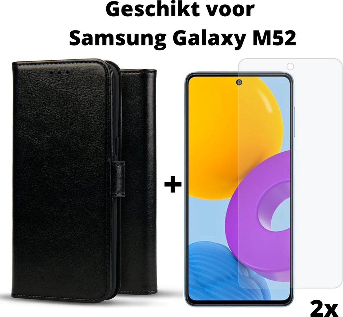 samsung galaxy M52 boek hoesje zwart achterkant + 2x Screen Protector - samsung m52 hoesje book case back cover zwart + 2x Tempert Glas