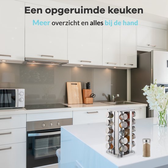 LuZana® Draaibaar Kruidenrek -RVS- Staand met Potjes - 20 Kruidenpotjes met Strooideksel – Incl. Labels, Krijtstift en Trechter - + GRATIS KRUIDENBOEK