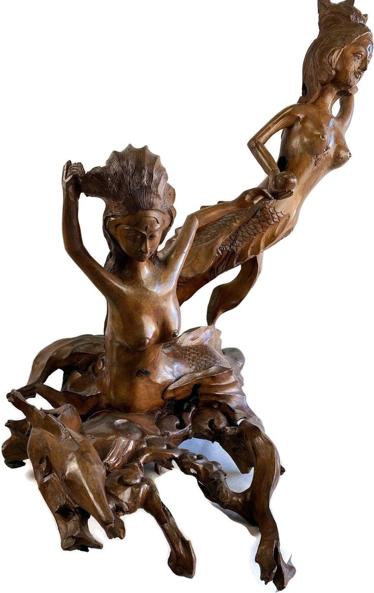 Handgemaakte houten zeemeermin / Houten figuur / Indonesisch beeld