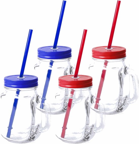 6x stuks Glazen Mason Jar drinkbekers met dop en rietje 500 ml - 3x blauw/3x rood - afsluitbaar/niet lekken/fruit shakes van Premium Household — afbeelding 4