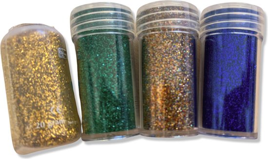 Foto: 4 potjes glitterpoeder goud blauw kerstgroen en multicolor 4 x 20 gram