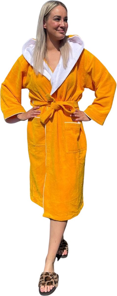 Luxe badjas bamboe katoen/fleece - met capuchon – saunabadjas – badjas dames – badjas heren - geel - maat S