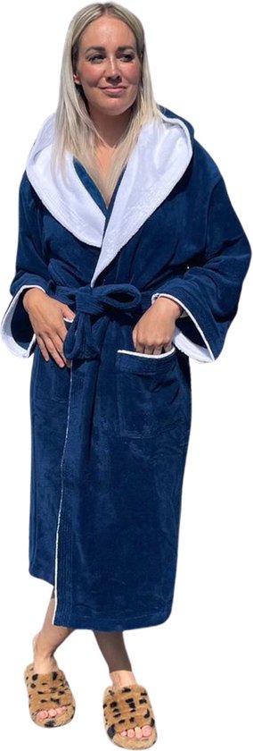 Luxe badjas bamboe katoen/fleece - met capuchon – saunabadjas – badjas dames – badjas heren - blauw - maat S