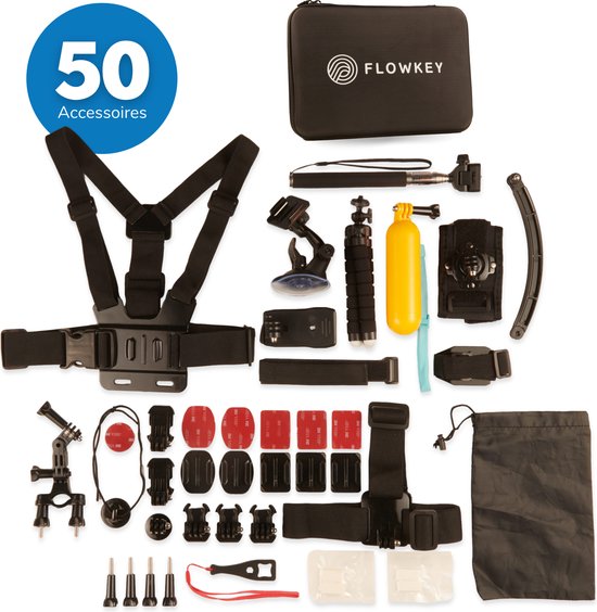 GoPro Accessoires Set 50 in 1 Van Flowkey - Action Camera Set Accessoires - Met Mount, Stick & Case - Voor GoPro Hero 10, 9, 8, 7, 6, 5, 4 Met Luxe...