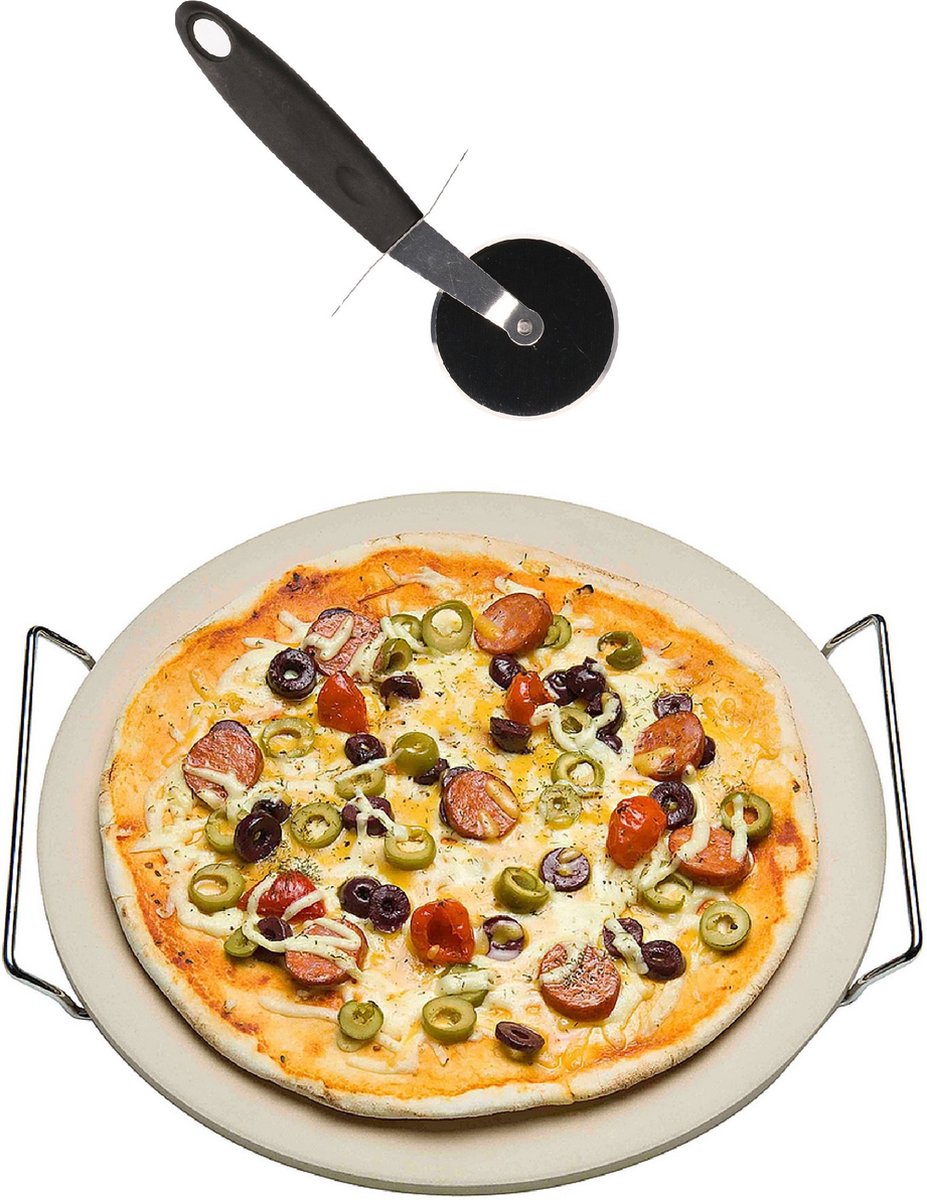 Keramische pizzasteen rond 33 cm met handvaten - Met pizza snijder 19 cm - BBQ/oven pizza stone