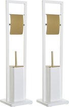 2x stuks toiletborstels met toiletrolhouder wit/goud metaal 80 cm - Toiletaccessoires - Wc-borstels/toiletborstels