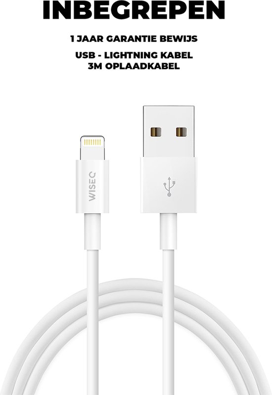 Witte WiseQ USB-naar-Lightning oplaadkabel van 3 meter, met 1 jaar garantie.