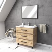 Ensemble de meuble de salle de bain Aurlane 81x80x50cm sur pieds noir mat avec 3 tiroirs et miroir - Finition chêne industriel