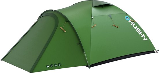 Groene 4-persoons HUSKY tent, zijaanzicht met opgestikte logo's en ventilatie.