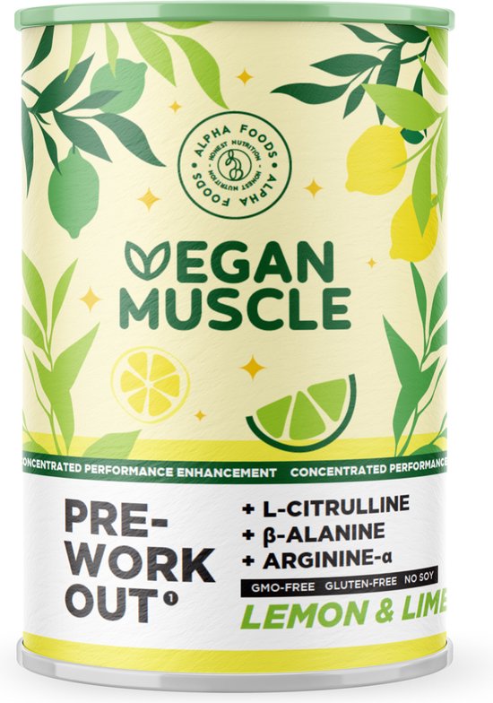 Alpha Foods Vegan Muscle Pre Workout - Proteine drink met Creatine Hydrochloride, Boost je Workout per training, 300 gram voor 20 shakes of porties, met Citroen en Limoen smaak