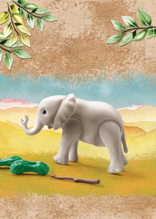 Grijze Playmobil babyolifant met bruine tak en groen struikgewas op een achtergrond.