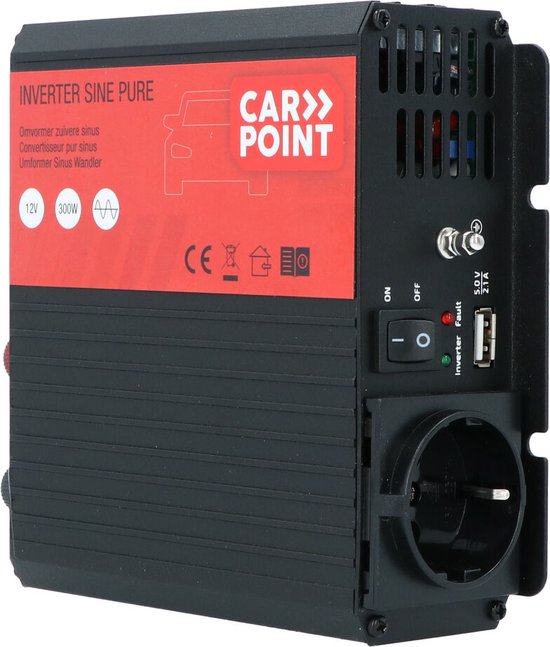 Zwarte Carpoint omvormer met aansluiting voor Type F stopcontact en USB-poort.
