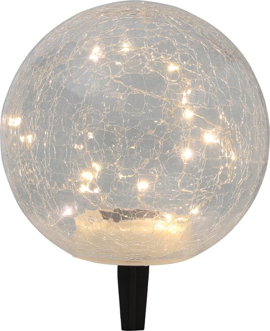 Solar tuinlamp/prikspot glazen craquele bol op zonne-energie met schemer sensor 20 cm - Prikspots tuinverlichting