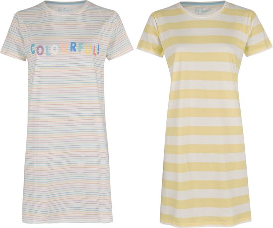 By Louise Nachthemd Dames Set Korte Mouwen Katoen Geel Colourful 2-Pack - Maat S | big shirt | slaaphemd