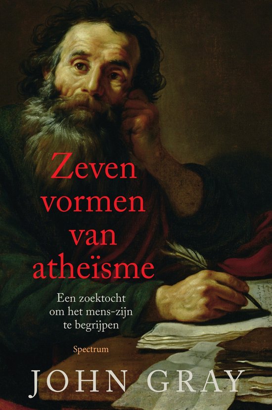 Boekcover van 'Zeven vormen van atheïsme' met een schilderij van een man met baard die schrijft.
