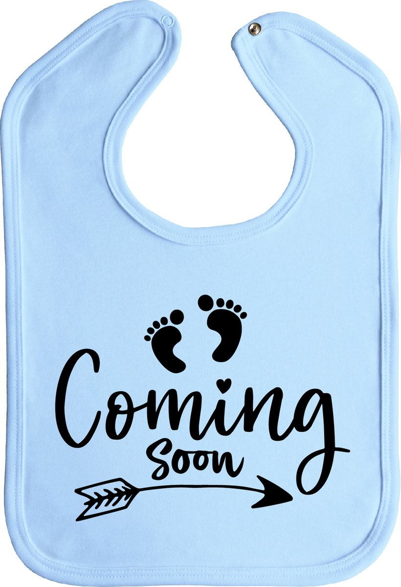 Coming soon - slab - drukknoop - baby blauw - zwarte opdruk - stuks 1 - slabbetjes - slabber - baby - aankondiging zwangerschap - zwanger - zwangerschap - zwangerschap cadeau