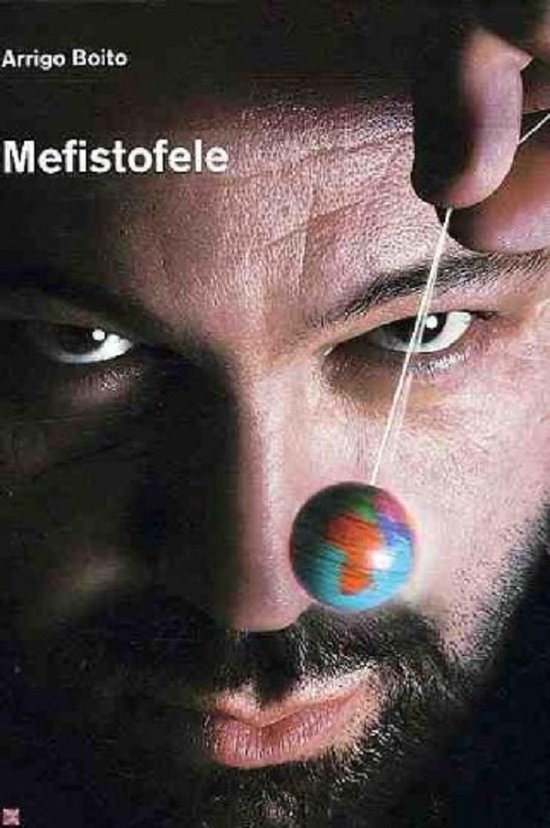Boekomslag 'Mefistofele' door Arrigo Boito met close-up van een man die een wereldbol aan een draad vasthoudt.