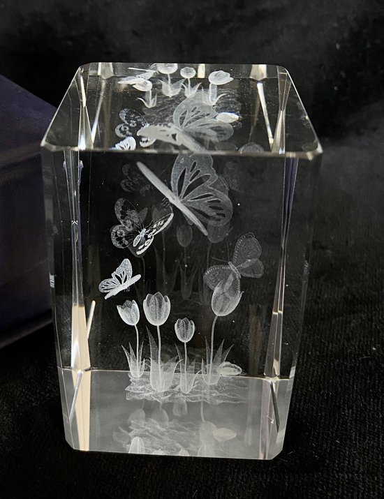 Kristal glas laserblok met 3D afbeelding van Vlinders en tulpen 5x8cm
