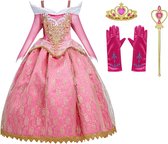Prinsessenjurk Meisje - Roze Jurk - Verkleedkleren Meisje - maat 104/110 (110) - Prinsessen Verkleedkleding - Kroon - Toverstaf - Handschoenen - Carnavalskleding Kinderen - Kleed - Verjaardag meisje - Cadeau meisje