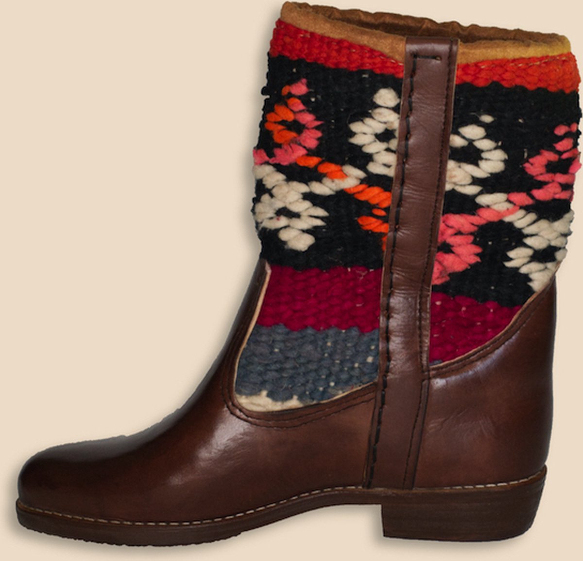 Kelim Boots | Kastanjebruin Leer | Marokkaanse Kelim | Maat 38 | Aneta | Bravas Boutique