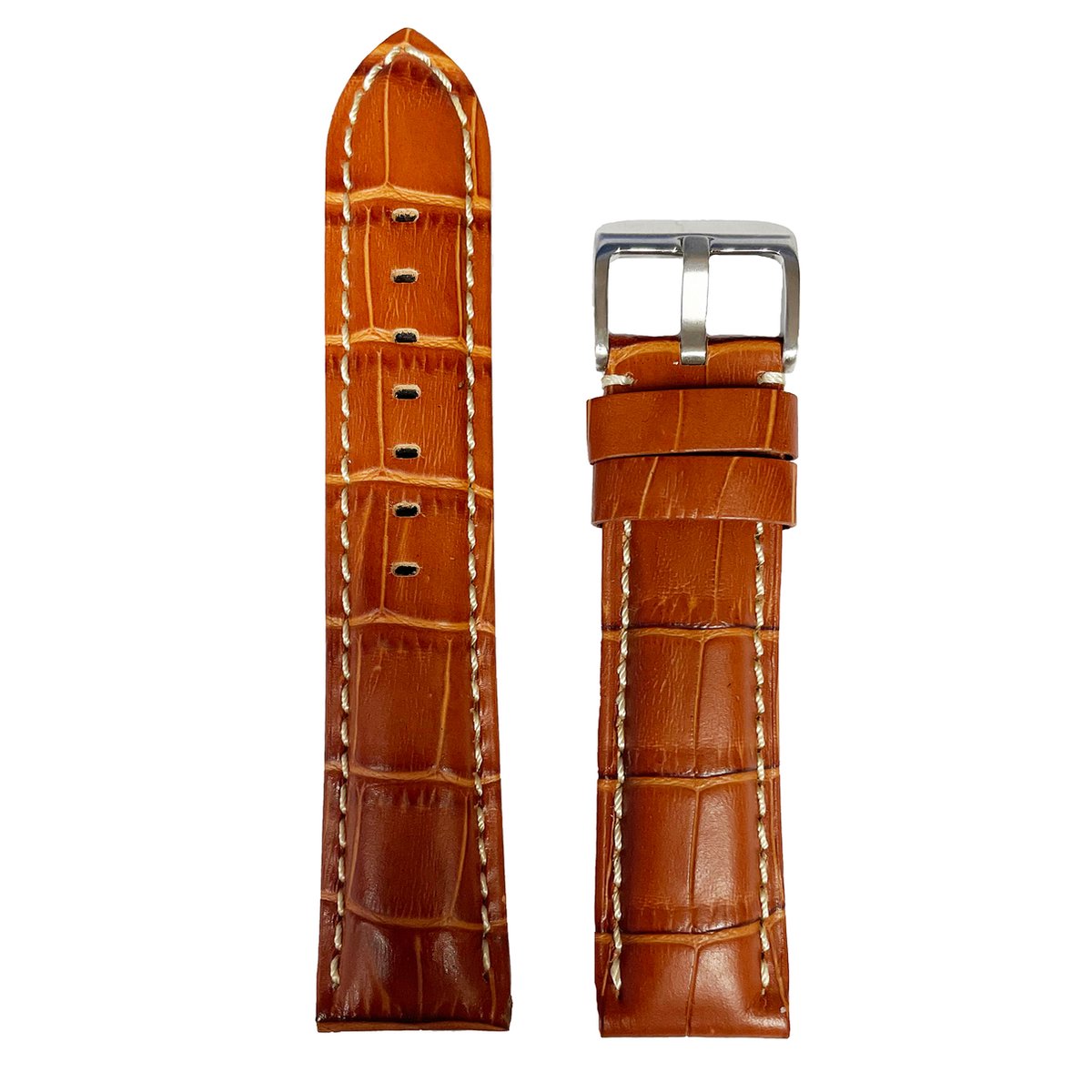 Horlogeband - 22 mm - Cognac bruin - Echt leer in croco print - Roestvrijstalen gesp