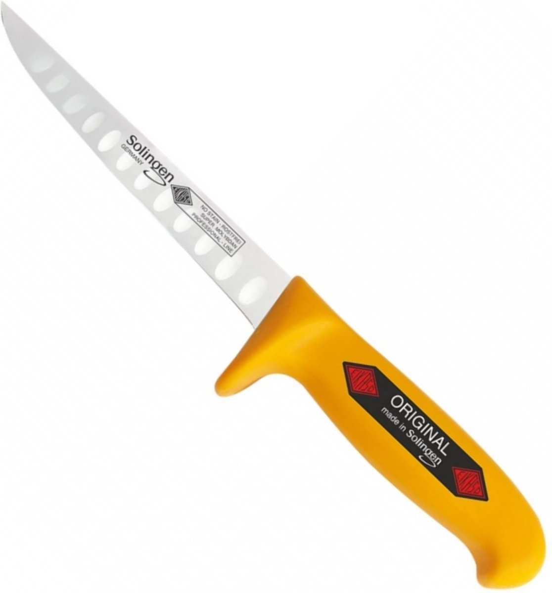Eikaso Solingen Uitbeenmes 13 cm – Stijf Lemmet met Kuilen – Geel Ergonomisch Heft