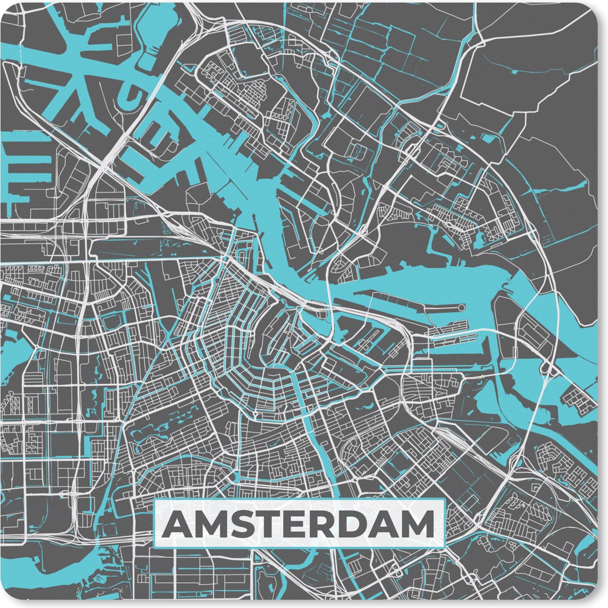Muismat XXL 50x50 cm - Bureau onderlegger - Bureau mat Plattegrond - Amsterdam - Grijs - Blauw - Bureaumat - Gaming mousepad xl - Bureaulegger groot - Computer deskmat - Stadskaart