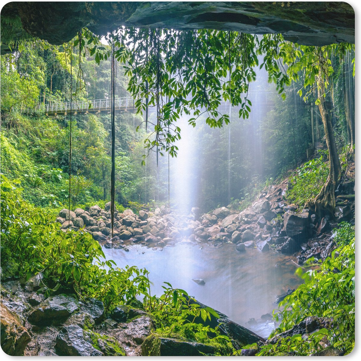 Muismat XXL 60x60 cm - Bureau onderlegger - Bureau mat Jungle - Regenwoud - Water - Waterval - Planten - Bureaumat - Gaming mousepad xl - Bureaulegger groot - Computer deskmat