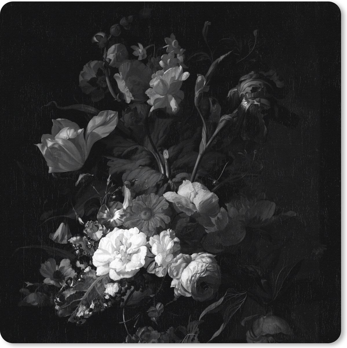 Muismat XXL 60x60 cm - Bureau onderlegger - Bureau mat Vaas met bloemen - Schilderij van Rachel Ruysch - zwart wit - Bureaumat - Gaming mousepad xl - Bureaulegger groot - Computer deskmat