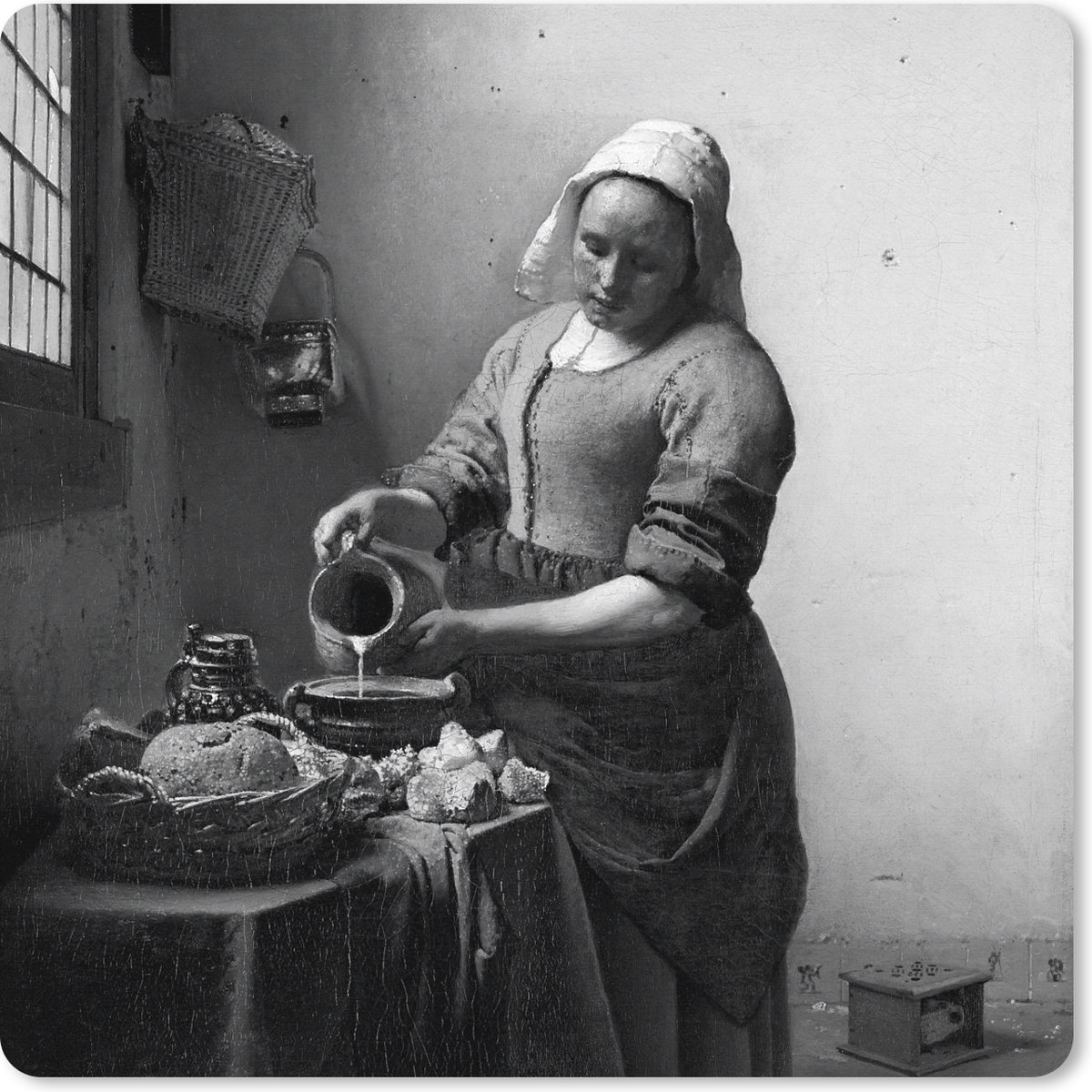 Muismat XXL 50x50 cm - Bureau onderlegger - Bureau mat Het melkmeisje - Schilderij van Johannes Vermeer - zwart wit - Bureaumat - Gaming mousepad xl - Bureaulegger groot - Computer deskmat