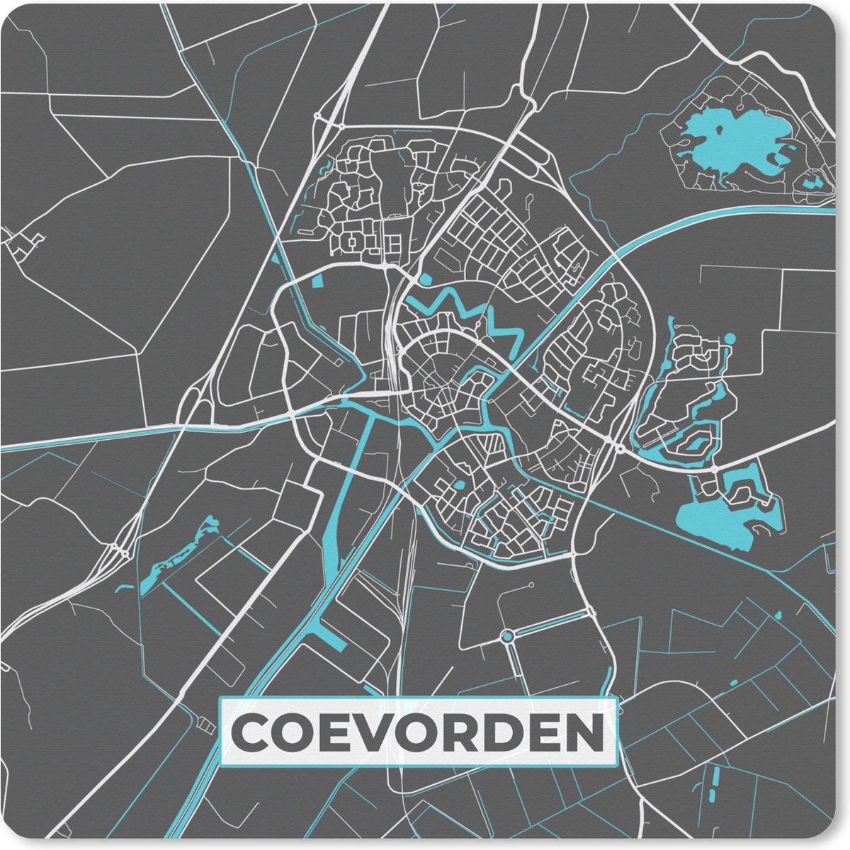 Muismat XXL 80x80 cm - Bureau onderlegger - Bureau mat Plattegrond - Coevorden - Grijs - Blauw - Bureaumat - Gaming mousepad xl - Bureaulegger groot - Computer deskmat - Stadskaart