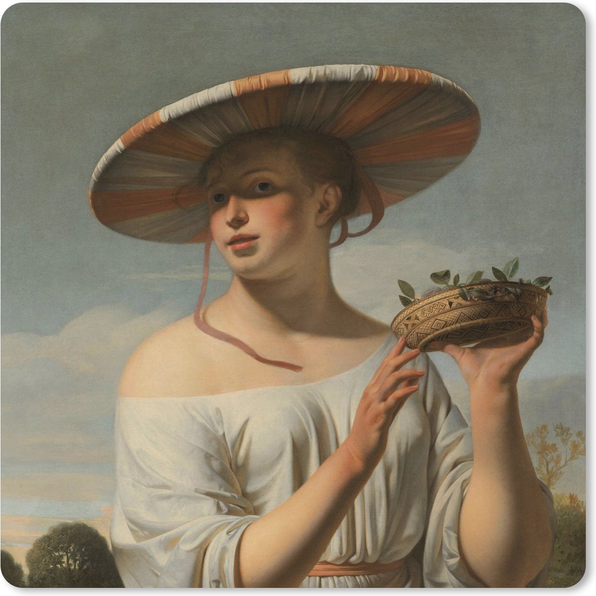 Muismat XXL 60x60 cm - Bureau onderlegger - Bureau mat Meisje met een brede hoed - Schilderij van Caesar Boëtius van Everdingen - Bureaumat - Gaming mousepad xl - Bureaulegger groot - Computer deskmat