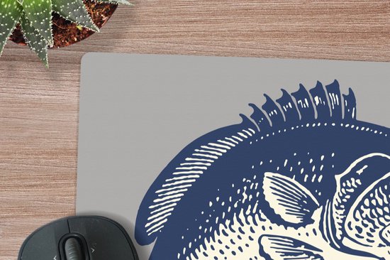 Muismat XXL - Bureau onderlegger - Bureau mat - Illustratie van een vis op een grijze achtergrond - 80x80 cm - XXL muismat